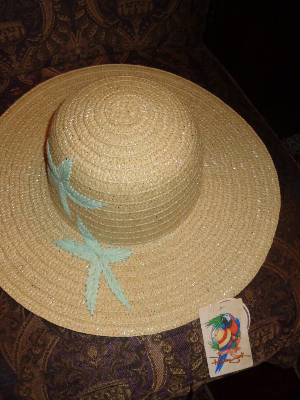 PANAMA JACK Straw Sun Hat 23 Inches Round with Seafoam Star Fish NWT $50